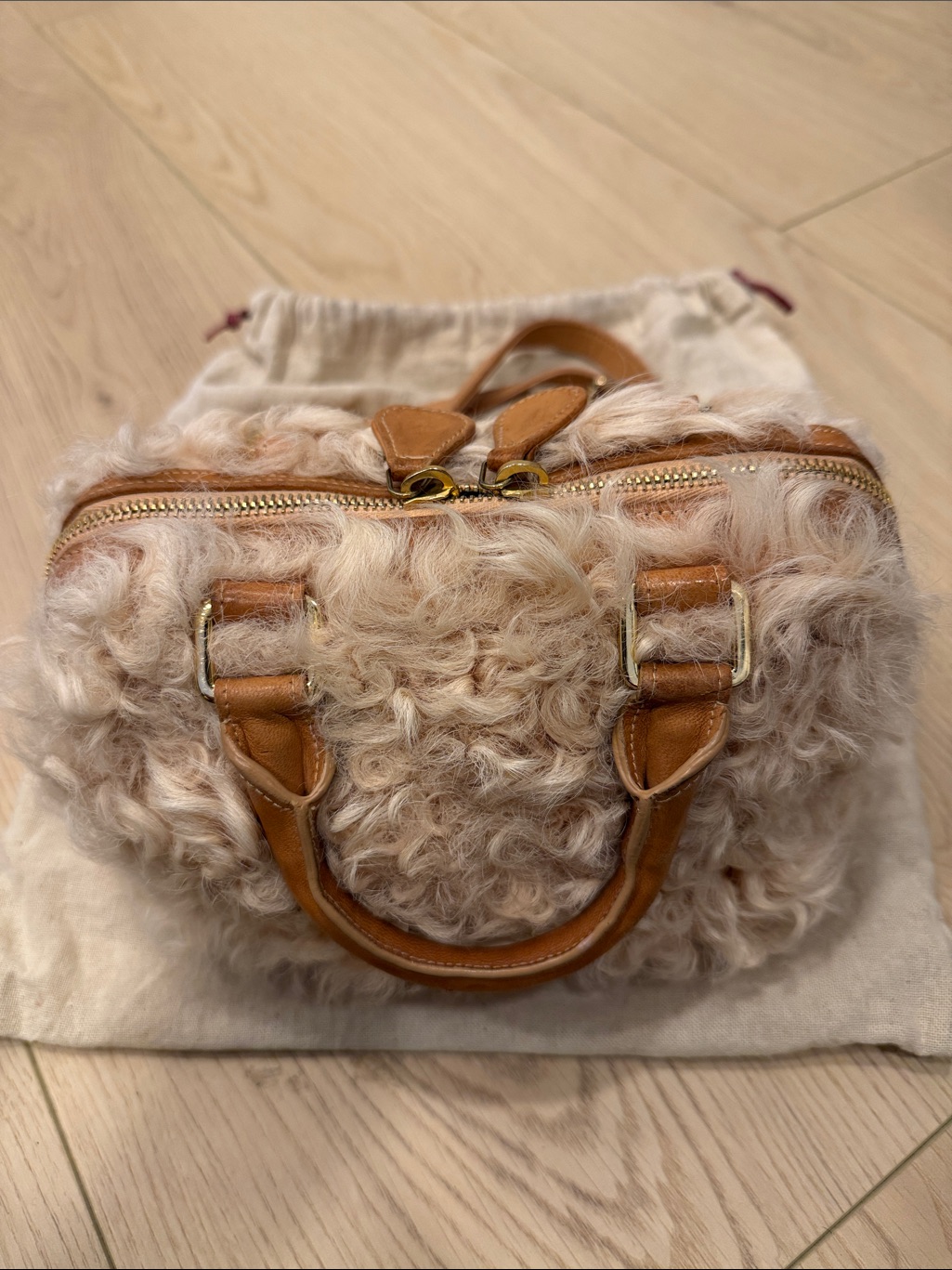 Brother Vellies Shearling Satchel Bag In Light Beige With Tan Trim — image 2 of 8